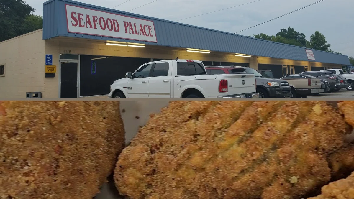 Fried seafood served in a laid-back dining room.
