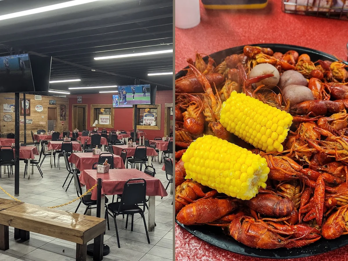 Crab, shrimp, and gumbo on display.