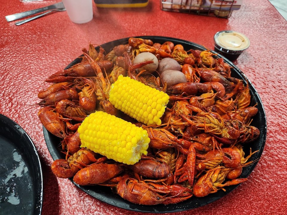 Crab, shrimp, and gumbo on display.